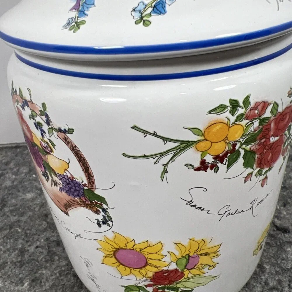 VTG William Sonoma FLORAL Canister Cookie Jar Gasket Seal Botanical Portugal 8" - Picture 6 of 15